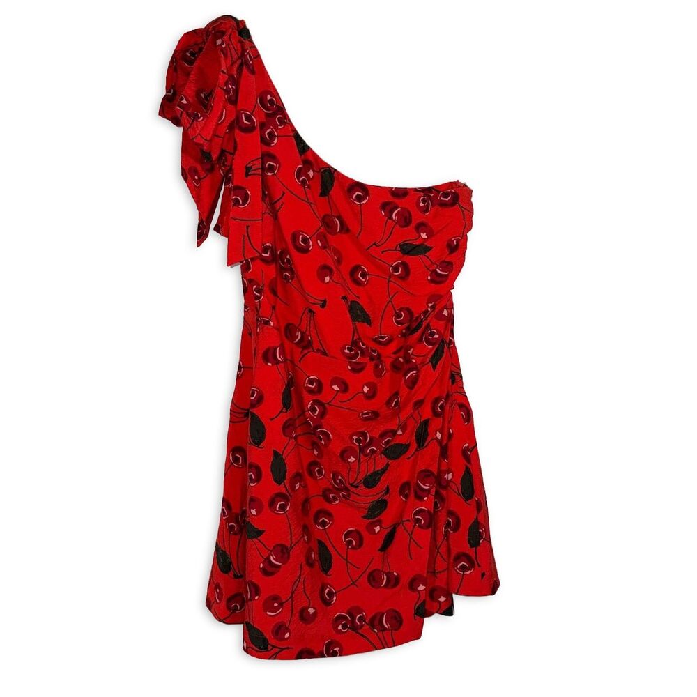 Maeve Anthropologie Red Cherry Print One Shoulder Dress Bow Detail Size 12